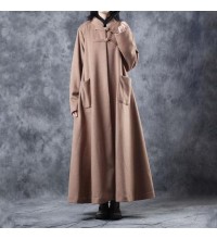 New Women Vintage Loose Beige Long Woolen Thick Coat