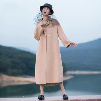 2018 nude pink wool coat plus size tie waist Winter coat lapel collar jacket