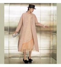 Fine nude pink Woolen Coats Women oversized long sleeve medium length jackets embroidery coats