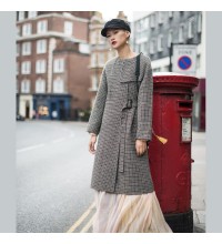 Luxury plaid Wool jackets oversized o neck long coat tie waist outwear