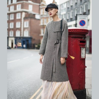 Luxury plaid Wool jackets oversized o neck long coat tie waist outwear