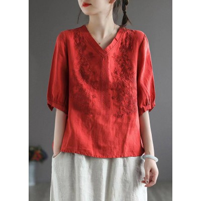 Vintage Red V Neck Embroideried Top Half Sleeve