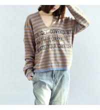 Stylish striped cotton sweaters blue and khaki warm pullover knit sweaters