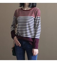 vintage burgundy striped patchwork cotton knit tops casual elastic sweater