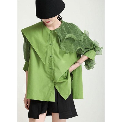 Style Green Asymmetrical Design Patchwork Wrinkled Blouses Half Sleeve