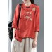 Loose Orange Embroideried Floral Linen Top Half Sleeve