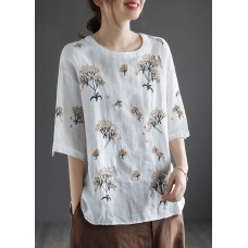 Bohemian White O-Neck Embroideried Floral Summer Linen Tops Half Sleeve