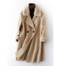 boutique beige Woolen Coats oversize medium length jackets fur collar coat double breast